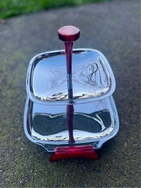 MCM Glo-Hill 2-Tier Chrome Serving Tray Red Bakelite Handles Vintage